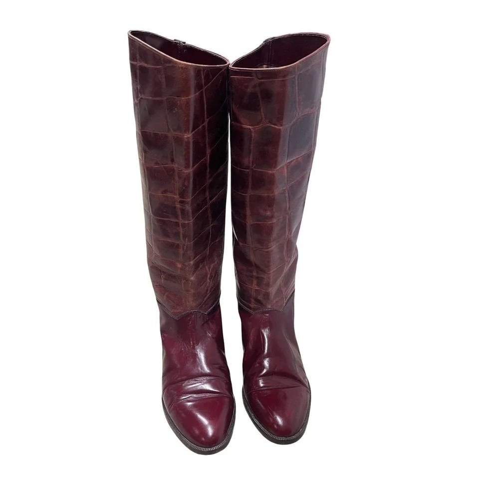 Sandra Gibellini Vintage Women's Burgundy 100% Leather Croc Knee High Boots EU37